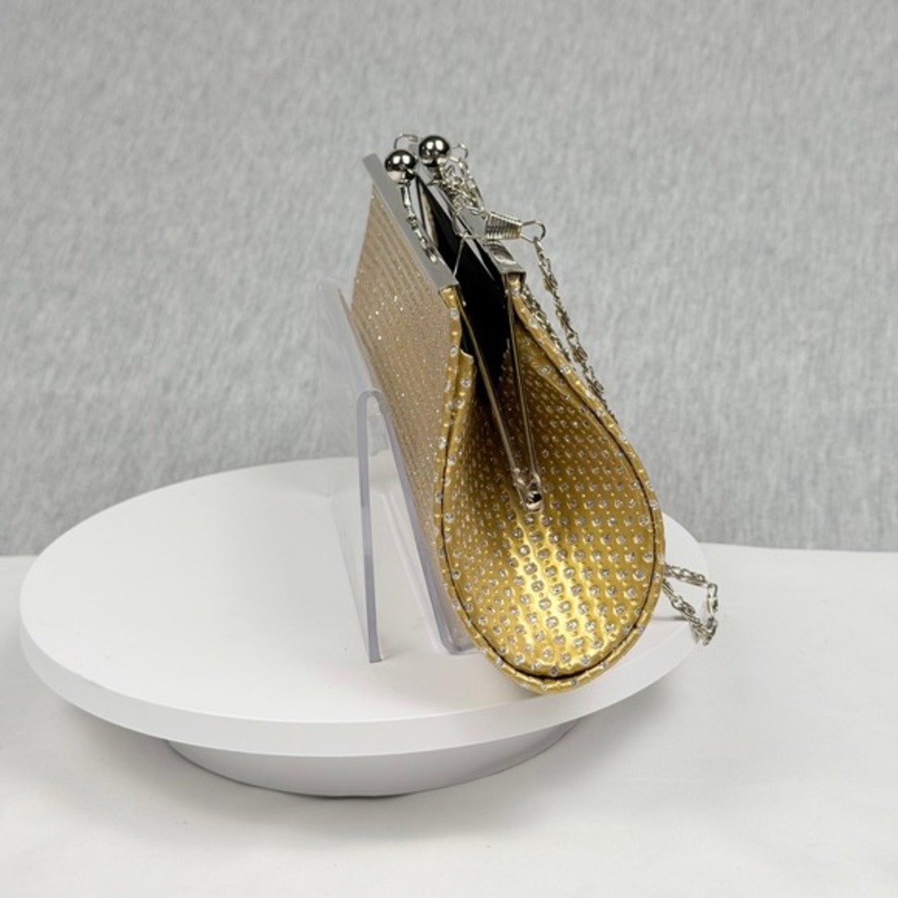 Gold Rhinestone Evening Clutch Metallic Formal Wedding Purse with Chain Strap - Picture 3 of 11